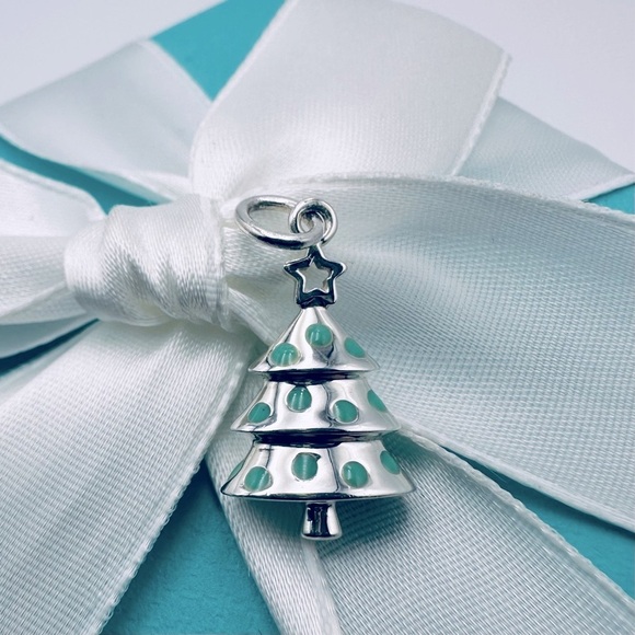 RARE Tiffany & Co. Christmas Tree Charm in Silver and Blue Enamel with Packaging - Picture 1 of 6